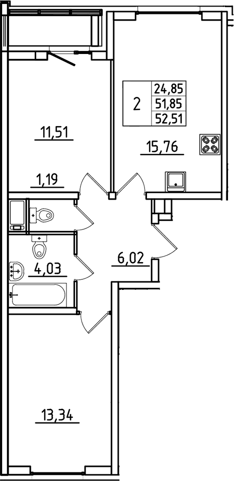 Планировка: Евротрёшка 51,9 м² в ЖК «Южный Форт»