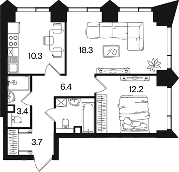 Планировка: 2-комнатная квартира 58,3 м² в ЖК «РАКУРС»