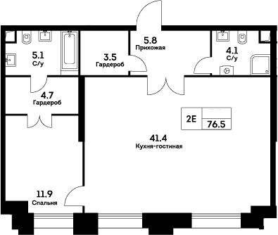 Планировка: Евродвушка 76,5 м² в ЖК «ЭВЕР»