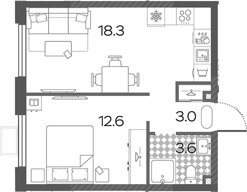 Планировка: Евродвушка 37,5 м² в ЖК «Лучи»