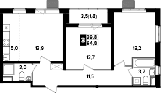 Планировка: Евротрёшка 63 м² в ЖК «Южная Битца»