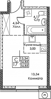 Планировка: Студия 24,9 м² в ЖК «ЭВОПАРК Сокольники»
