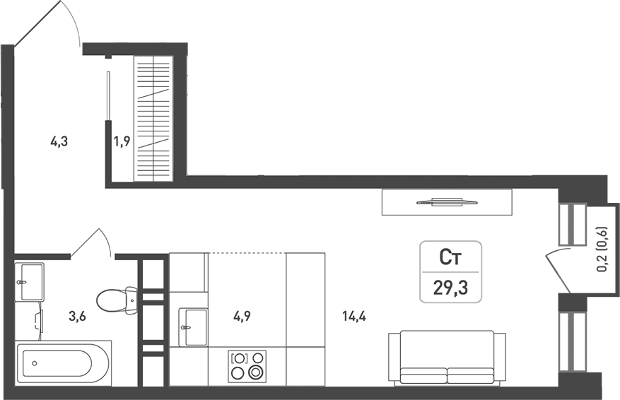 Планировка: Студия 30,2 м² в ЖК «Новая Щербинка»