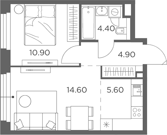 Планировка: Евродвушка 40,4 м² в ЖК «Белый Град»