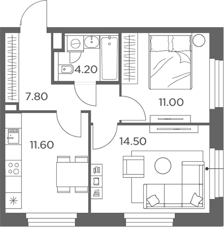 Планировка: 2-комнатная квартира 49,1 м² в ЖК «Белый Град»