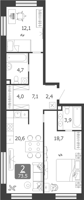 Планировка: Евротрёшка 73,5 м² в ЖК «Шагал»