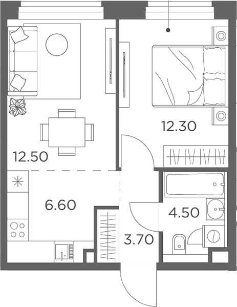 Планировка: Евродвушка 39,6 м² в ЖК «Белый Град»