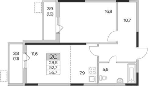 Планировка: Евродвушка 52,7 м² в ЖК «Пироговская ривьера»