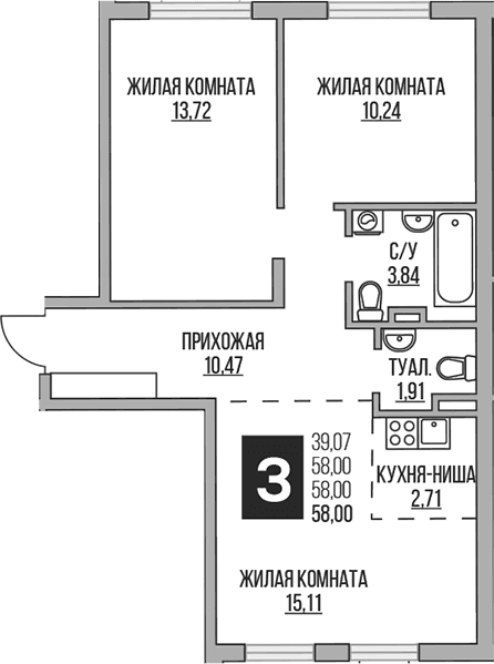 Планировка: Евротрёшка 58 м² в ЖК «Гранель Аникеевский»