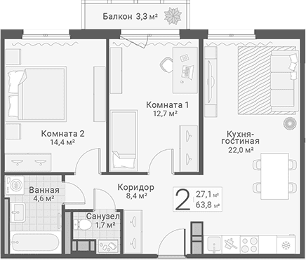 Планировка: 2-комнатная квартира 63,8 м² в ЖК «Руднева, 15»