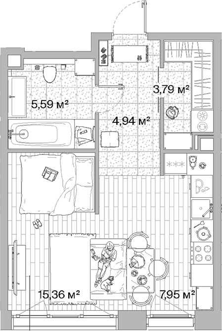 Планировка: Студия 37,6 м² в ЖК «МЫС»