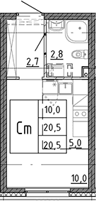 Планировка: Студия 20,5 м² в ЖК «Ручьи 2»