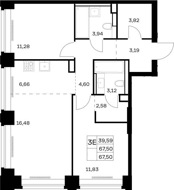 Планировка: Евротрёшка 67,5 м² в ЖК «НОВА»