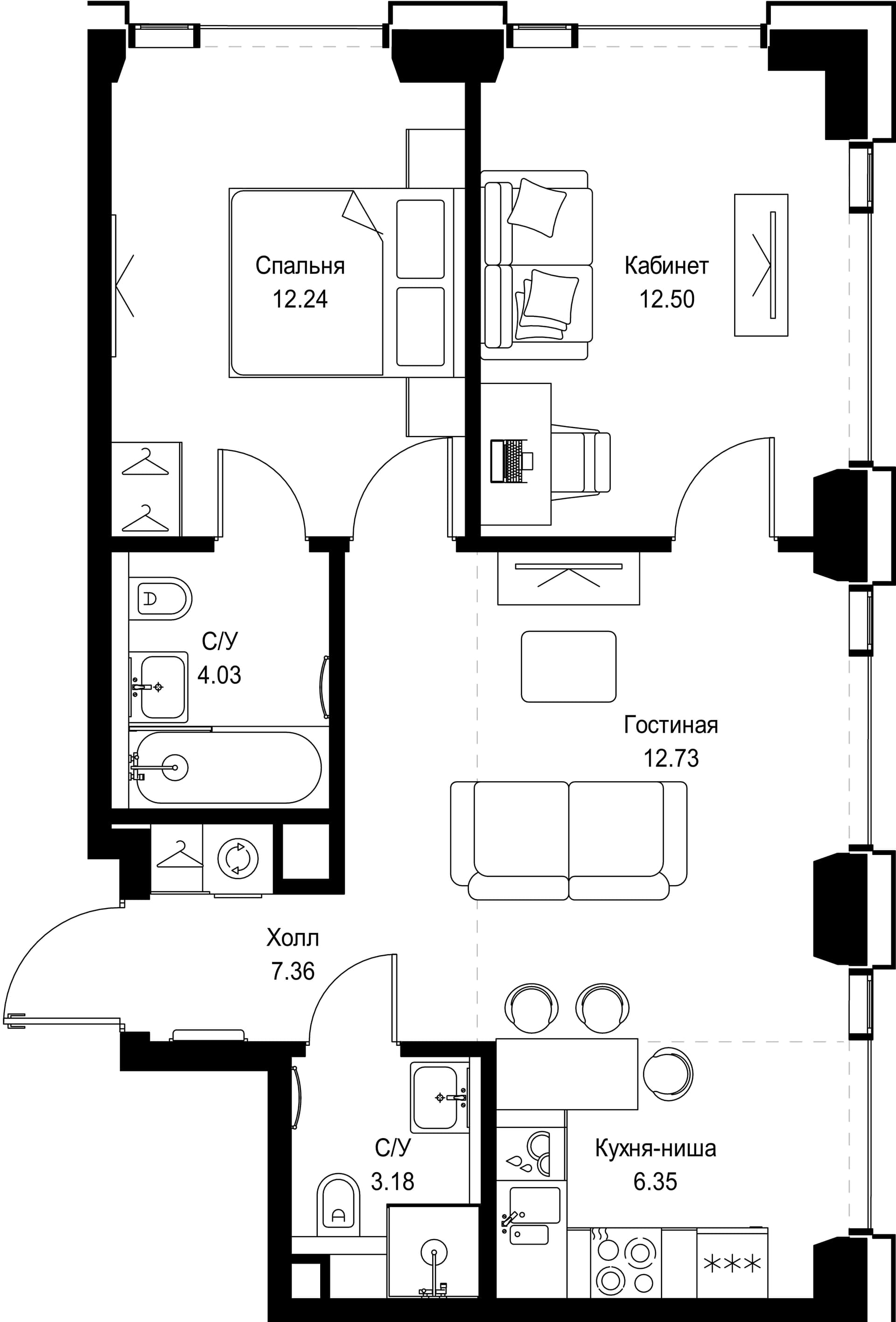 Планировка: Евротрёшка 58,4 м² в ЖК «СЕТ»