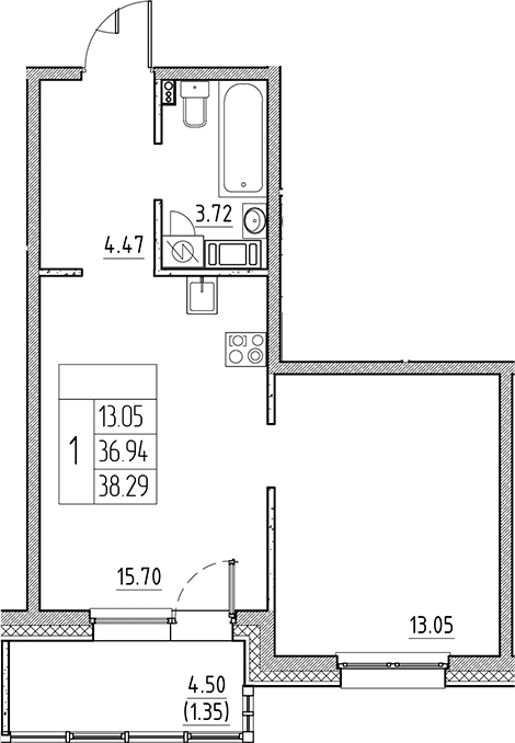 Планировка: Евродвушка 36,9 м² в ЖК «Сезоны»