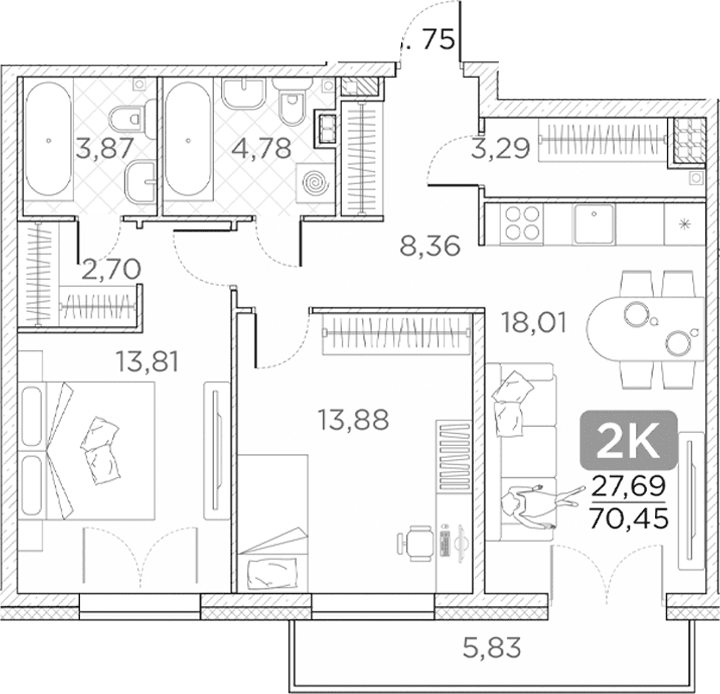 Планировка: Евротрёшка 68,7 м² в ЖК «Гильдия»