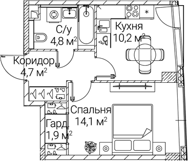 Планировка: 1-комнатная квартира 35,7 м² в ЖК «СЕЗАР БУДУЩЕЕ»