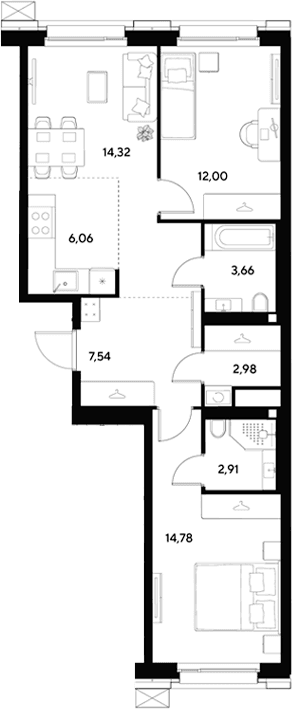 Планировка: Евротрёшка 64,3 м² в ЖК «ЭВО»