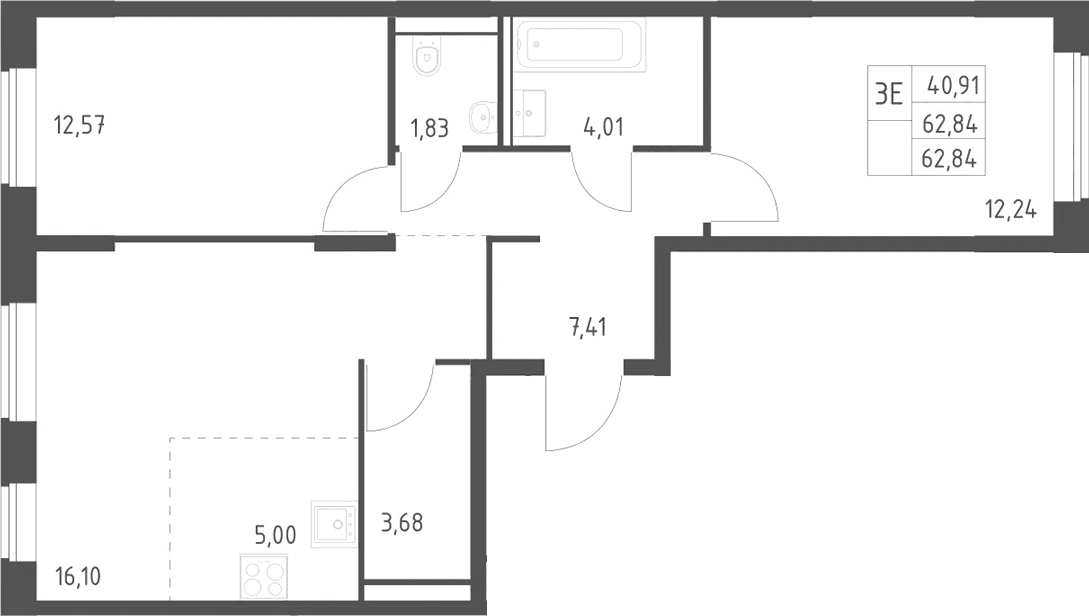 Планировка: Евротрёшка 62,8 м² в ЖК «Квартал Домашний»