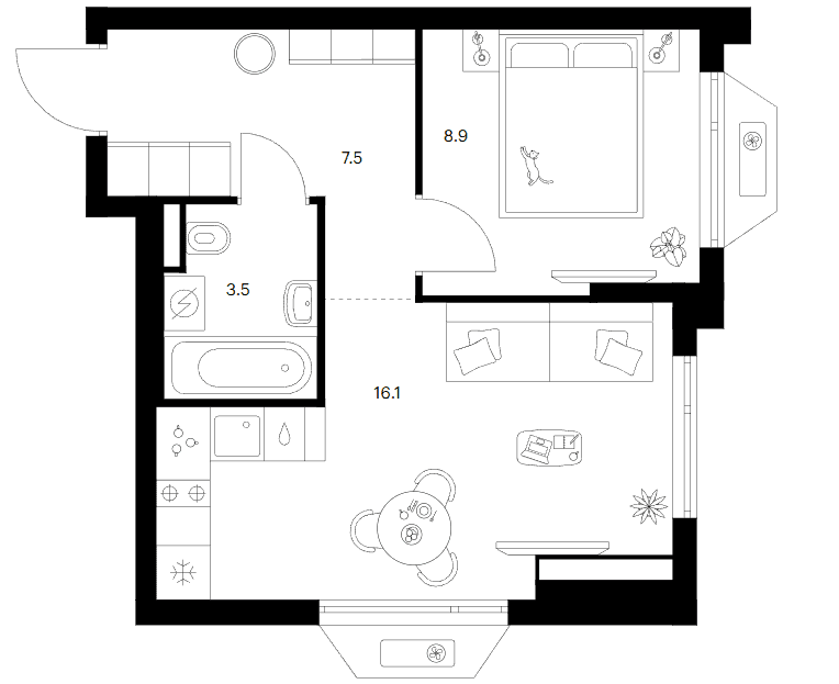 Планировка: 1-комнатная квартира 36 м² в ЖК «Зеленый парк»