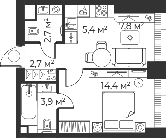 Планировка: Евродвушка 37 м² в ЖК «Веер»