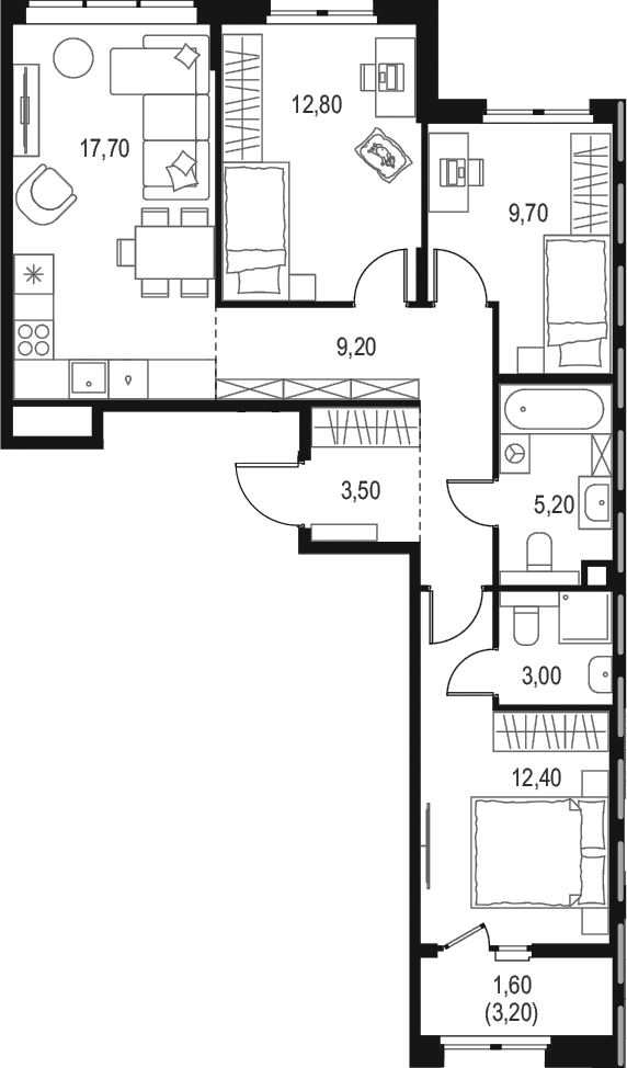 Планировка: Квартира евро-4 73,5 м² в ЖК «Левел Мечникова»