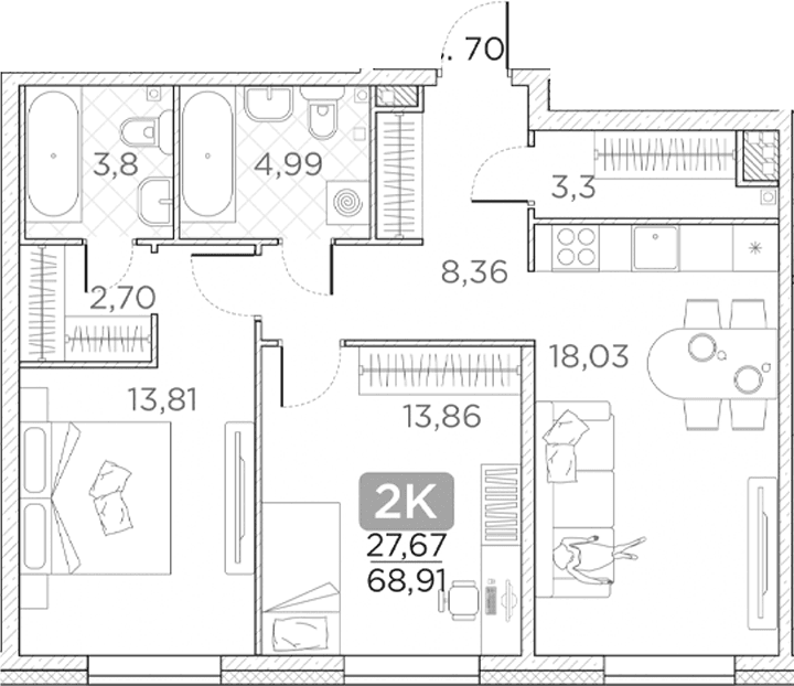 Планировка: Евротрёшка 68,9 м² в ЖК «Гильдия»