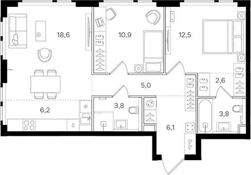 Планировка: Евротрёшка 69,5 м² в ЖК «НАЗАРЕ»