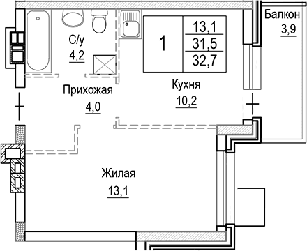 Планировка: 1-комнатная квартира 31,5 м² в ЖК «Лесная Отрада»
