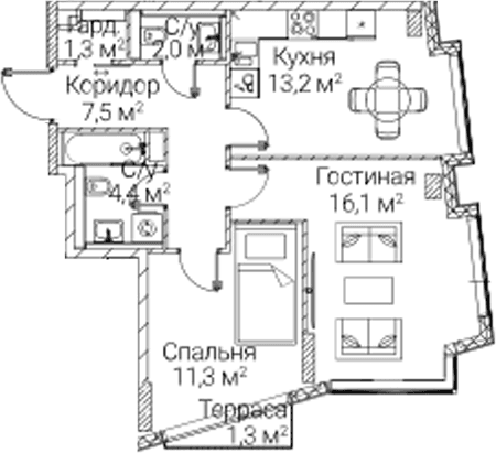 Планировка: 2-комнатная квартира 55,8 м² в ЖК «СЕЗАР БУДУЩЕЕ»