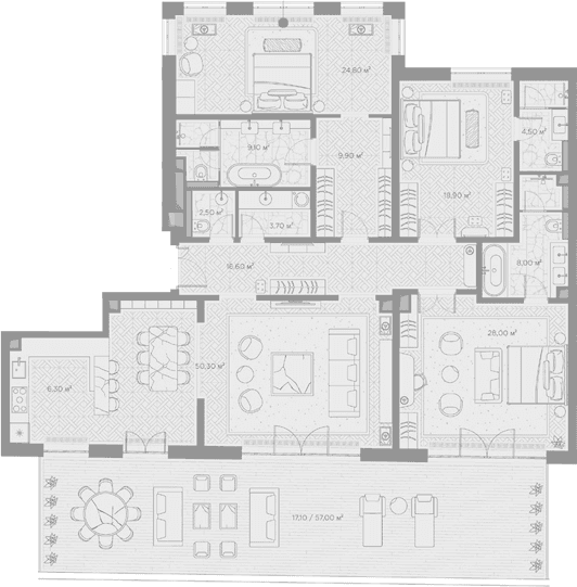 Планировка: 3-комнатная квартира 183,6 м² в ЖК «Николь»