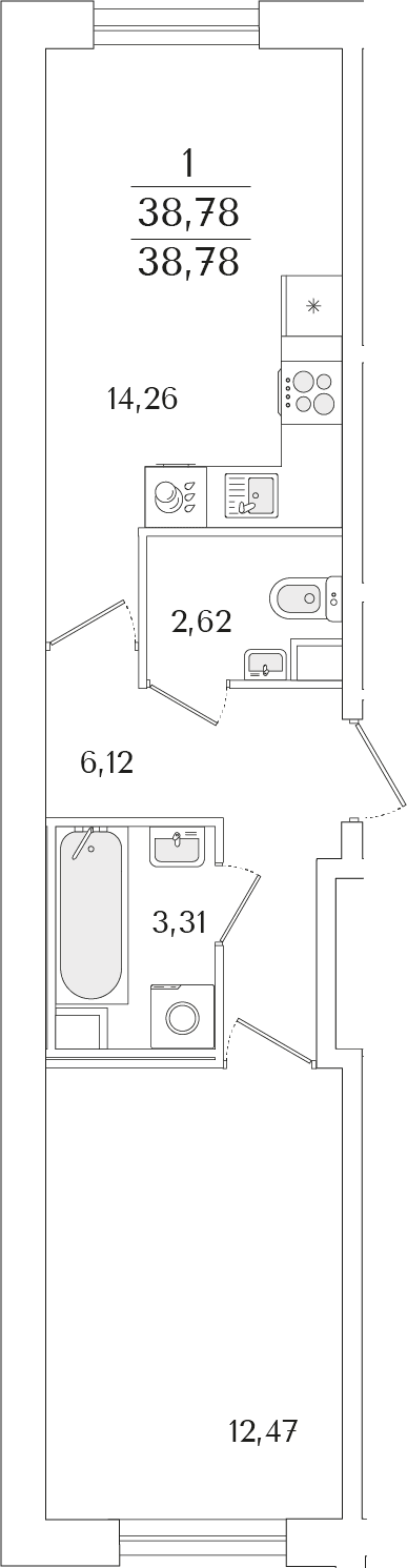 Планировка: Евродвушка 38,8 м² в ЖК «Кинопарк»