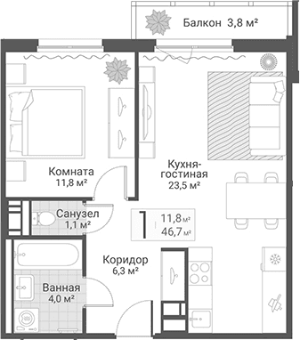 Планировка: Евродвушка 46,7 м² в ЖК «Руднева, 15»