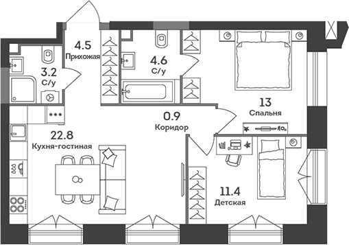 Планировка: Евротрёшка 60,4 м² в ЖК «ЭРА»