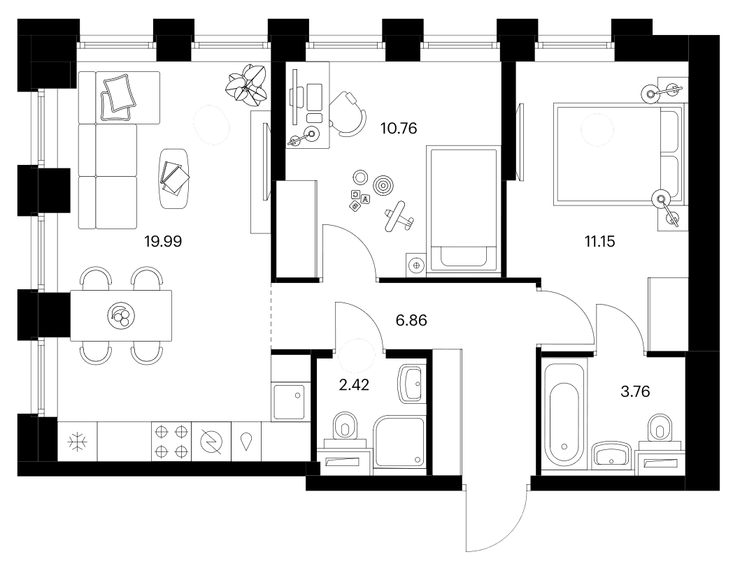 Планировка: Евротрёшка 54,9 м² в ЖК «Бусиновский парк»