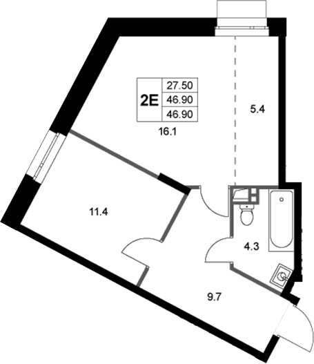 Планировка: Евродвушка 46,9 м² в ЖК «Кореневский Форт 2.3»