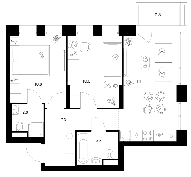 Планировка: 2-комнатная квартира 50,8 м² в ЖК «Строгино 360»