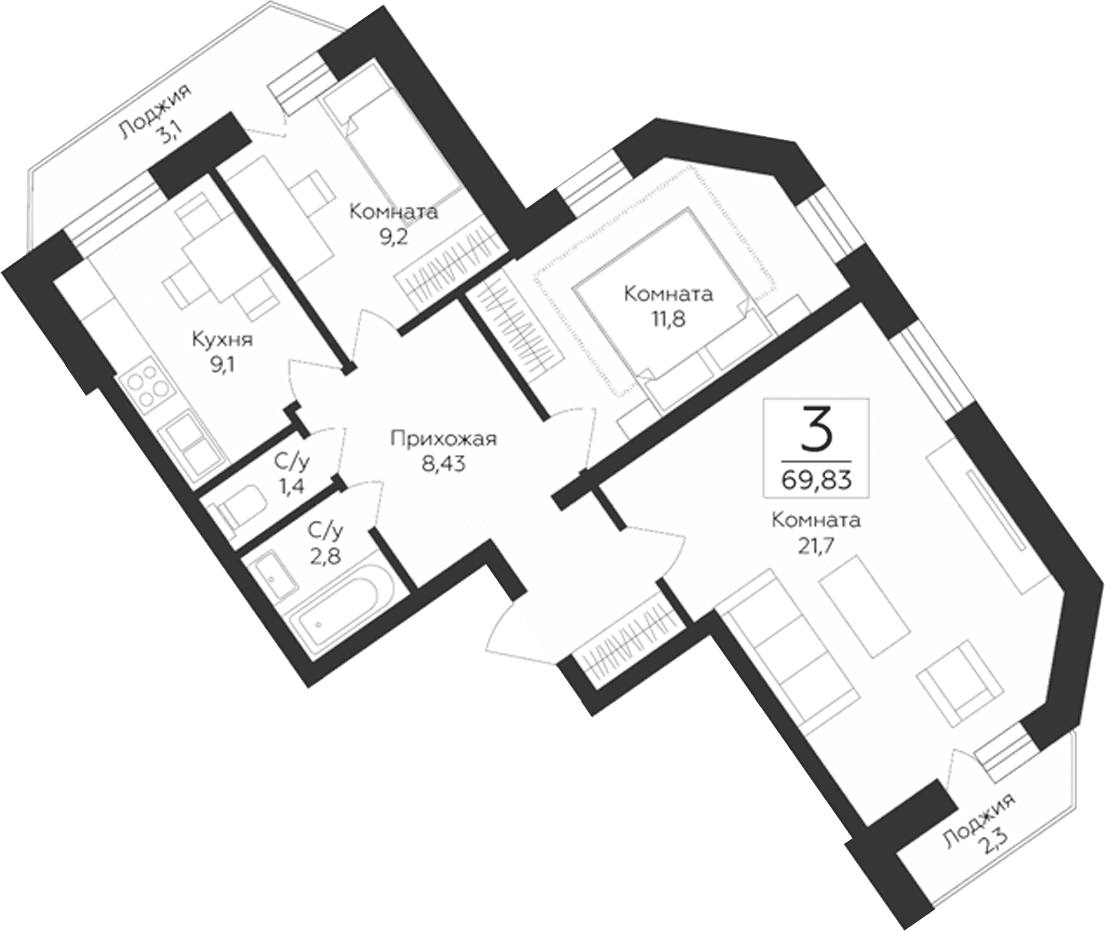 Планировка: 3-комнатная квартира 64,4 м² в ЖК «Гардарика Клаб»
