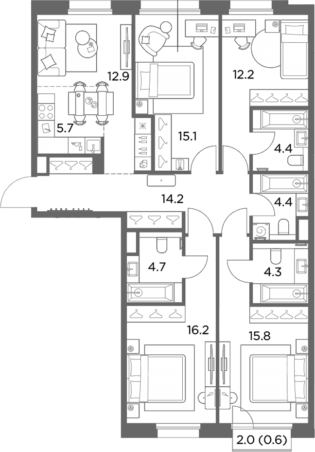 Планировка: Квартира евро-5 109,9 м² в ЖК «Станиславский»