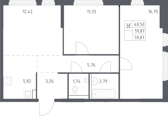 Планировка: Евротрёшка 59,9 м² в ЖК «Пригород Лесное»