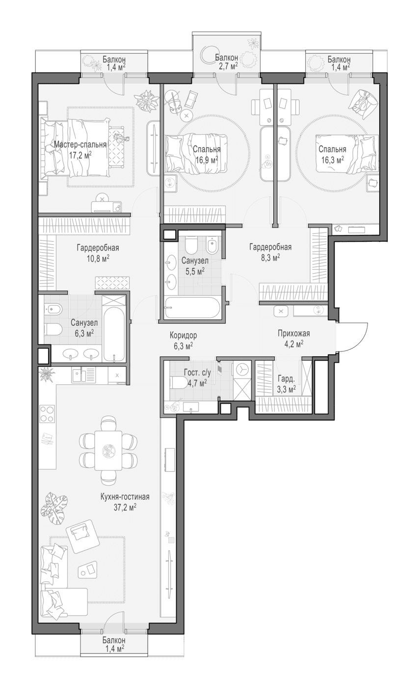 Планировка: Квартира евро-4 136,7 м² в ЖК «Квартал Тишинский бульвар»