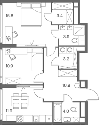 Планировка: 2-комнатная квартира 64,8 м² в ЖК «ЛОТ от Аквилон»
