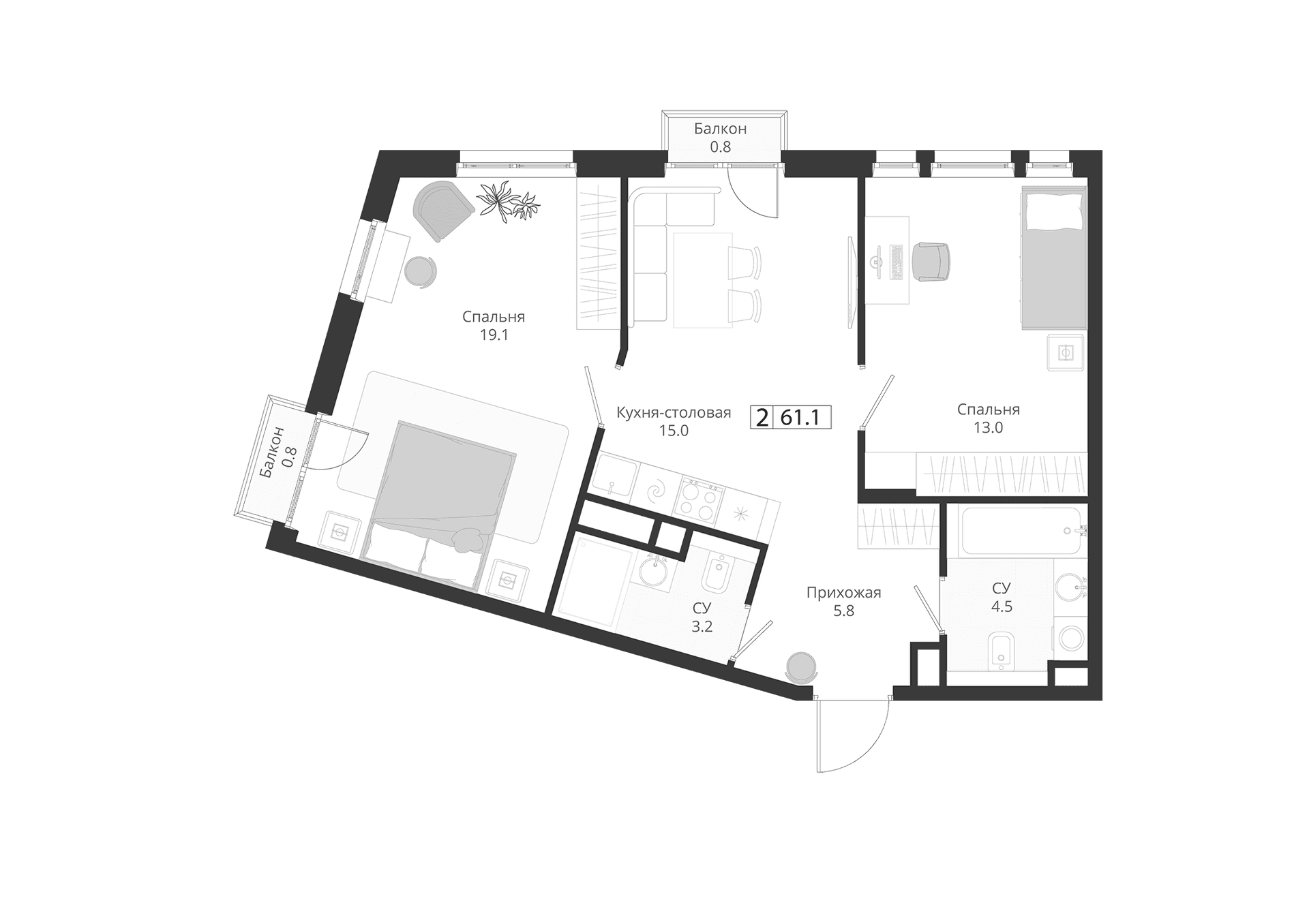 Планировка: Евротрёшка 60,6 м² в ЖК «ГРЭЙ»
