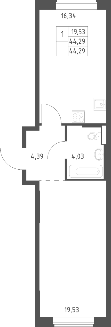 Планировка: Евродвушка 44,3 м² в ЖК «Большое Юрлово»