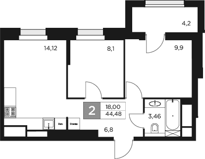 Планировка: 2-комнатная квартира 42,4 м² в ЖК «Восток 2»