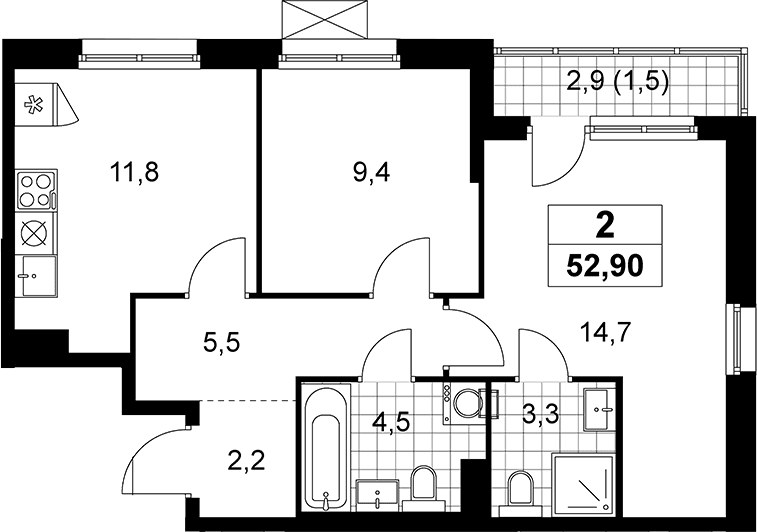 Планировка: 2-комнатная квартира 51,4 м² в ЖК «Прокшино»