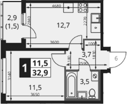 Планировка: 1-комнатная квартира 31,9 м² в ЖК «1-й Ясеневский»