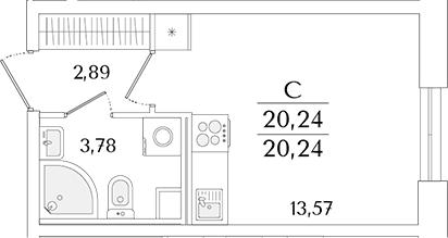 Планировка: Студия 20,2 м² в ЖК «Кинопарк»