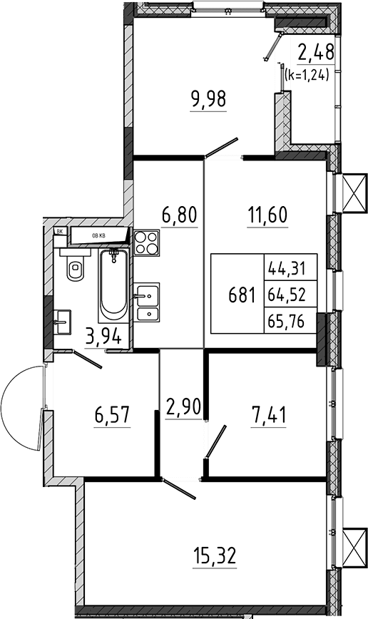 Планировка: Квартира евро-4 64,5 м² в ЖК «Поварово-Молодежный-2»