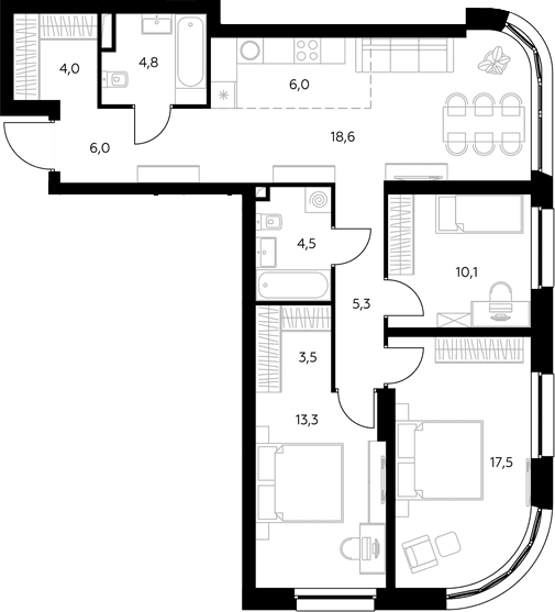Планировка: Квартира евро-4 93,9 м² в ЖК «Адмирал»